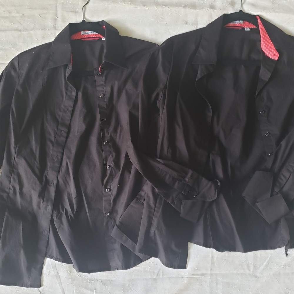 Two black cotton stretch collared button down long sleeve shirts
